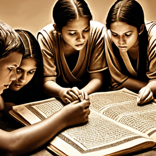 Home 4 **Historical lesson:** A sepia-toned image depicting a diverse group of people learning from an ancient text or artifact, symbolizing the importance of learning from past mistakes. Emphasize a hopeful, forward-looking perspective.