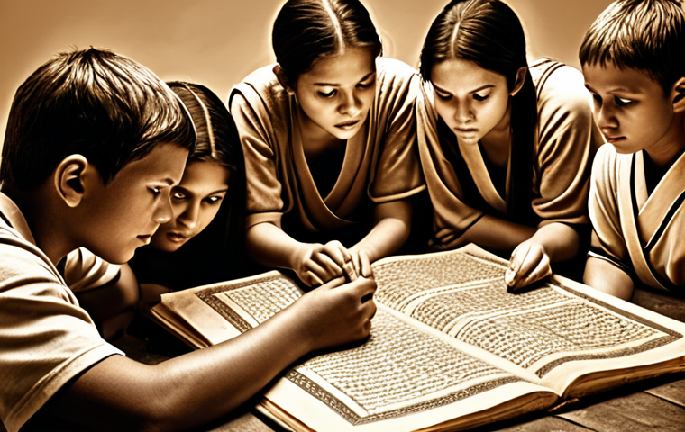 **Historical lesson:** A sepia-toned image depicting a diverse group of people learning from an ancient text or artifact, symbolizing the importance of learning from past mistakes. Emphasize a hopeful, forward-looking perspective.