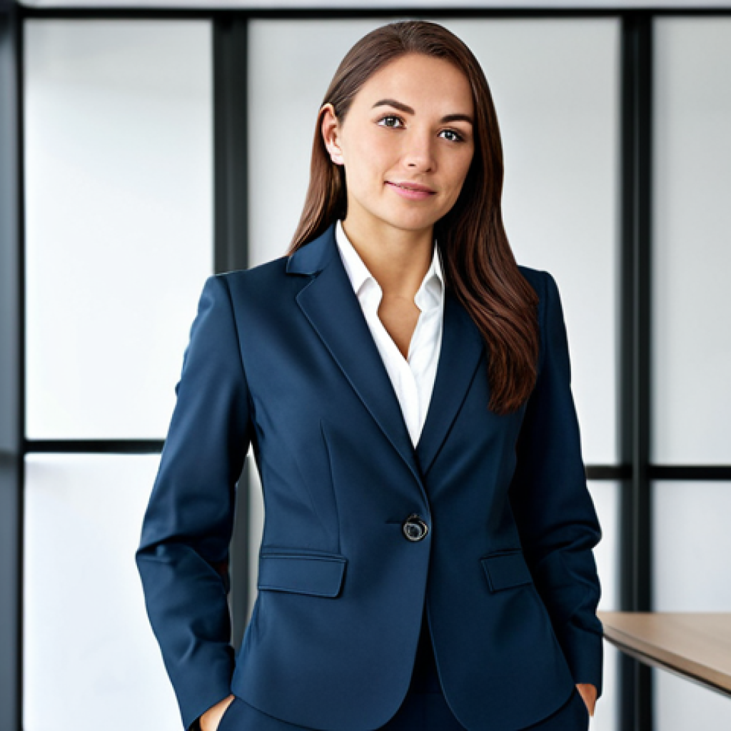 **
A professional businesswoman in a modest business suit, standing confidently in a modern office setting. Fully clothed, appropriate attire, safe for work. Perfect anatomy, natural proportions, professional photography, high quality.
**