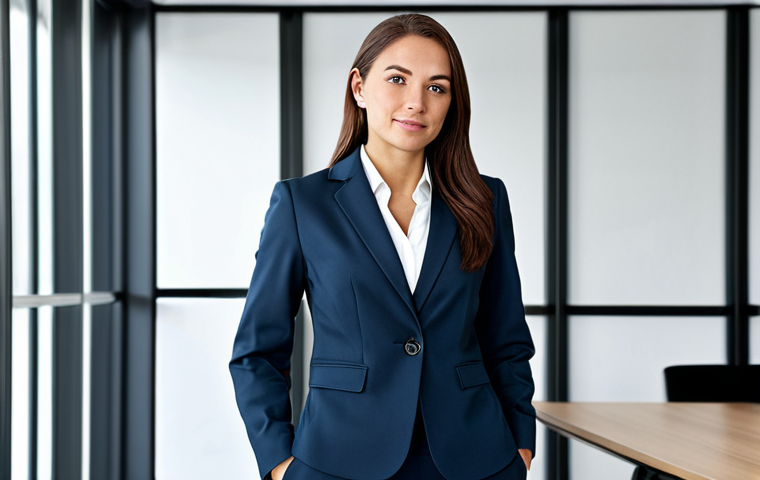 **
A professional businesswoman in a modest business suit, standing confidently in a modern office setting. Fully clothed, appropriate attire, safe for work. Perfect anatomy, natural proportions, professional photography, high quality.
**