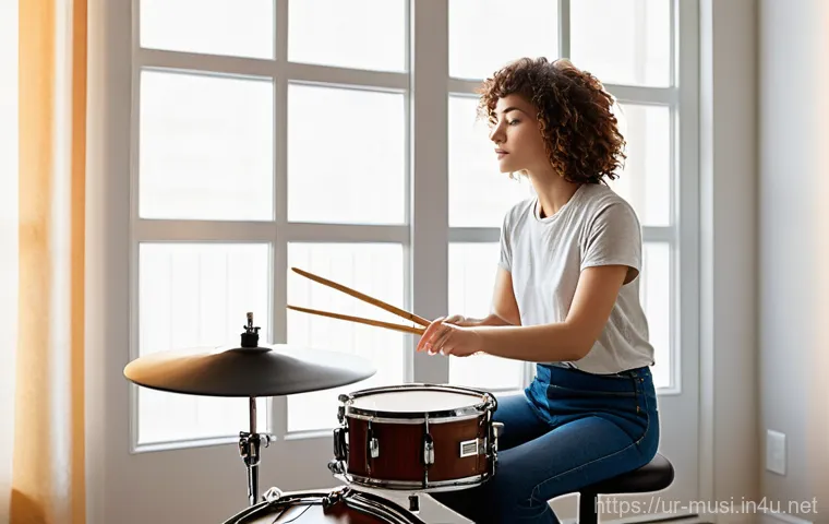 드럼 연습 패드 추천 - **Prompt Title: Serene Apartment Drumming**
"A young female drummer, approximately 20 years old,...