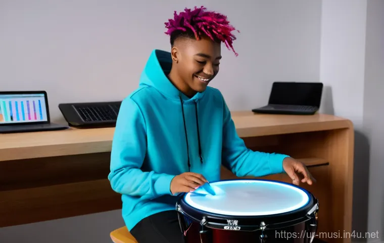 드럼 연습 패드 추천 - **Prompt Title: Advanced Technique on Diverse Practice Pads**
    "A male drummer, mid-20s, with a s...