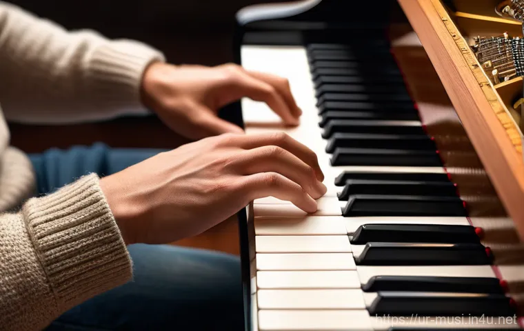 디지털 피아노 추천 - A focused musician, mid-20s, with short, neat hair and dressed in a comfortable, stylish sweater, is...