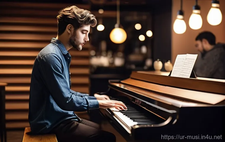 디지털 피아노 추천 - A cheerful teenage girl, wearing a modest, bright t-shirt and jeans, is sitting comfortably at a sle...
