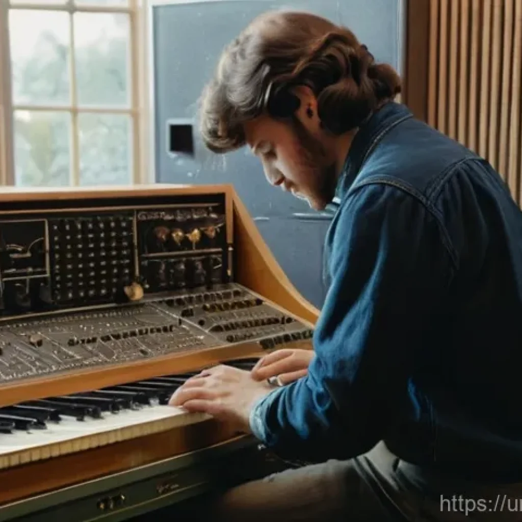 신디사이저의 역사 - **"A vintage 1970s studio scene, bathed in soft, warm light. In the foreground, a passionate musicia...