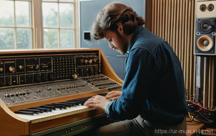 신디사이저의 역사 - **"A vintage 1970s studio scene, bathed in soft, warm light. In the foreground, a passionate musicia...