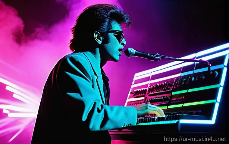 신디사이저의 역사 - **"A vintage 1970s studio scene, bathed in soft, warm light. In the foreground, a passionate musicia...