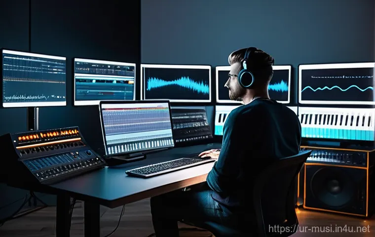 신디사이저의 역사 - **"An energetic concert stage during the 1980s, vibrant with neon lights and smoke effects. A charis...