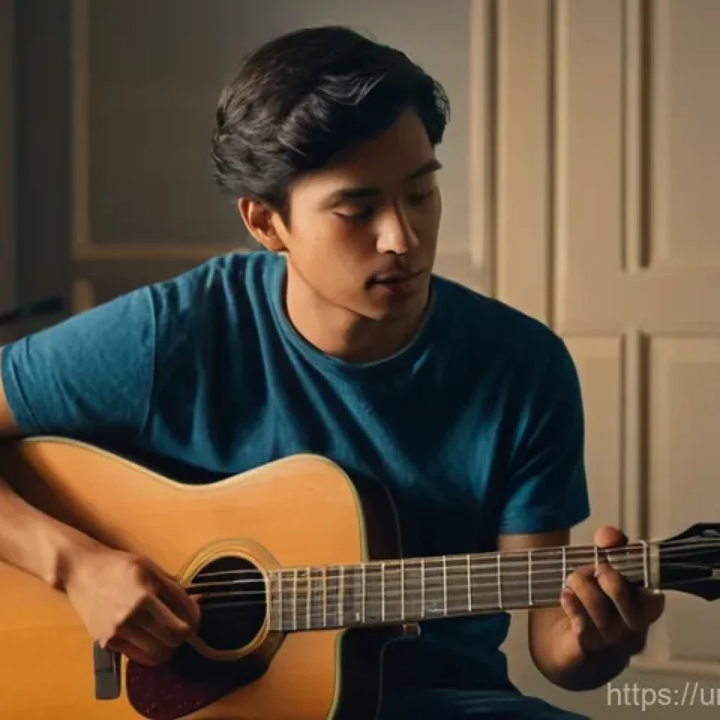 기타 프렛 손상 복구법 - **Prompt 1: Guitarist Diagnosing Fret Buzz**
"A young adult, casually dressed in a t-shirt and j...