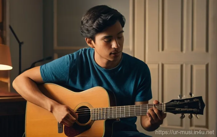 기타 프렛 손상 복구법 - **Prompt 1: Guitarist Diagnosing Fret Buzz**
"A young adult, casually dressed in a t-shirt and j...