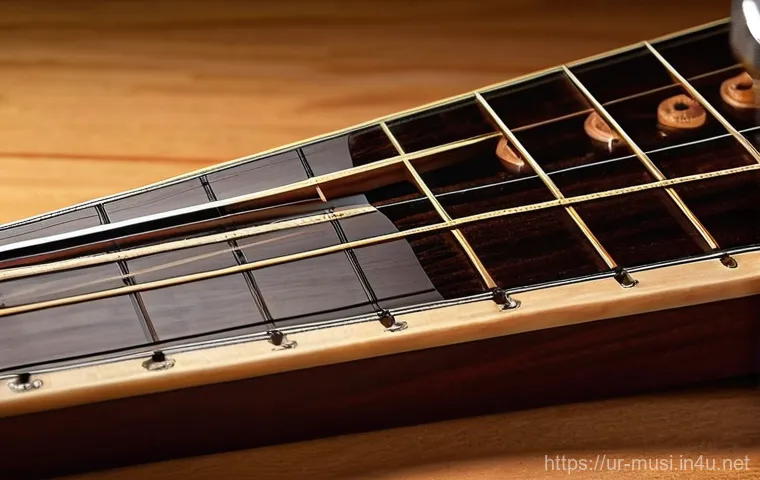 기타 프렛 손상 복구법 - **Prompt 1: Guitarist Diagnosing Fret Buzz**
    "A young adult, casually dressed in a t-shirt and j...