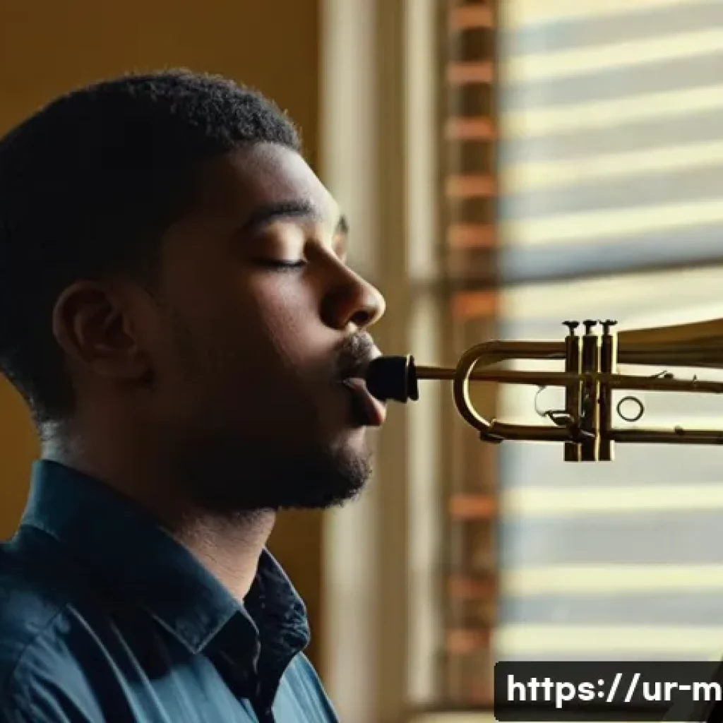 트럼펫 연주 테크닉 - **Prompt:** A young, dedicated male bugle player, in his early twenties, stands in a warmly lit, sli...