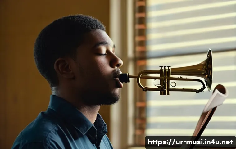 트럼펫 연주 테크닉 - **Prompt:** A young, dedicated male bugle player, in his early twenties, stands in a warmly lit, sli...