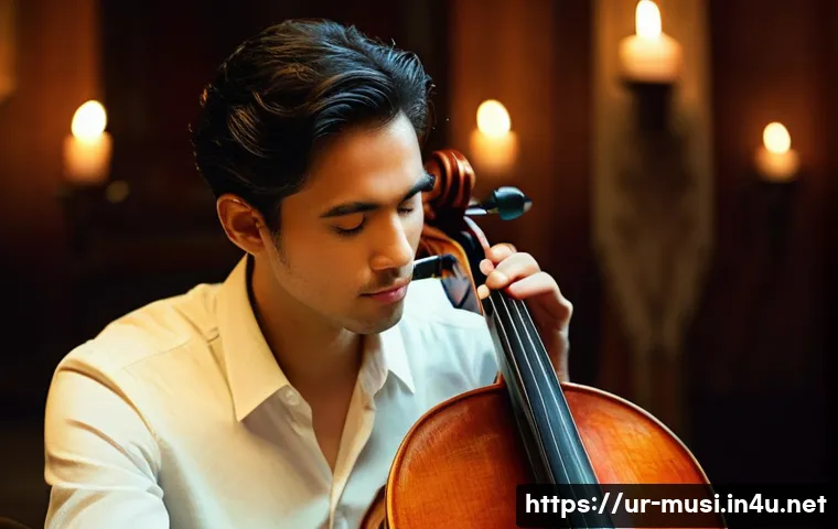 첼로 연주 관련 영상 추천 - **Prompt:** "A highly skilled cello musician, fully absorbed in a soulful live performance in an int...